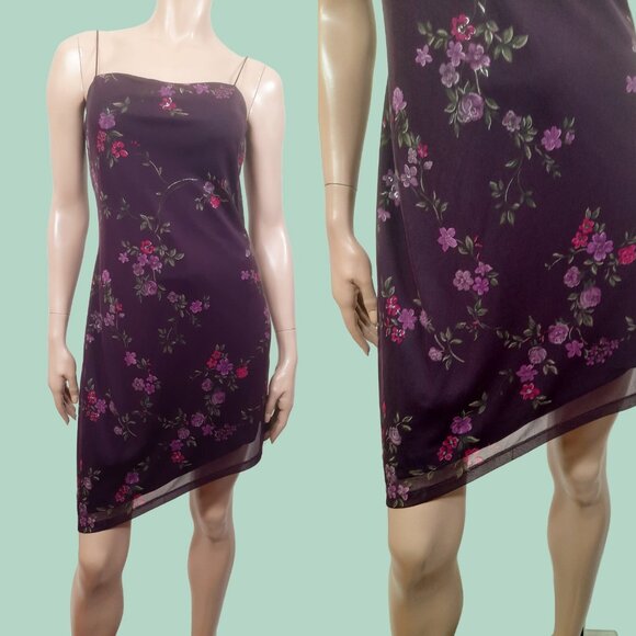 Vintage 90s Y2K Byer Too! Slip Dress Size M Floral Mesh Asymmetric Hem Burgundy - Picture 2 of 7